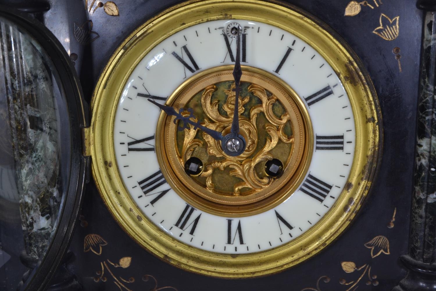 Large French slate and marble mantle clock with pendulum, 'Marque Deposee' stamped on clock movement - Image 4 of 11