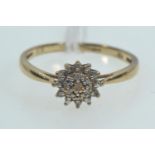 9ct gold & diamond cluster ring, size P1/2, 1.6 grams