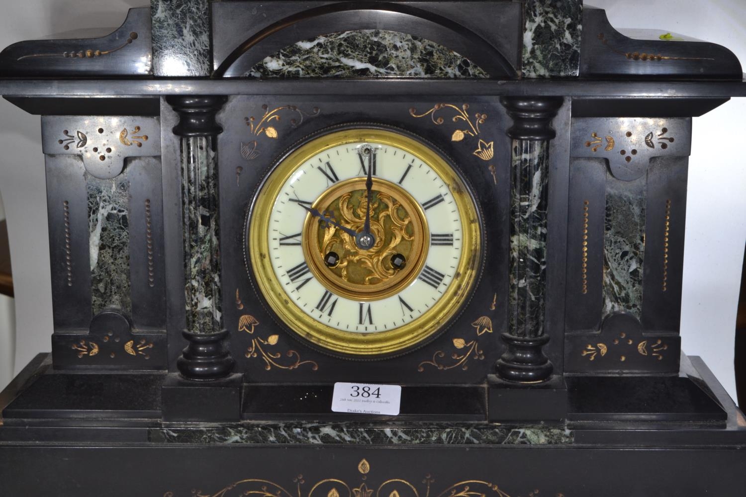 Large French slate and marble mantle clock with pendulum, 'Marque Deposee' stamped on clock movement