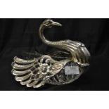 Silver and glass swan-shaped bonbon dish, stamped 925 & sterling, height 22cm, length 23cm