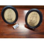 Two scrimshaw style plaques 'The Redoubtable' and 'The Bark Veronica', in oval frames 14cm x 11cm