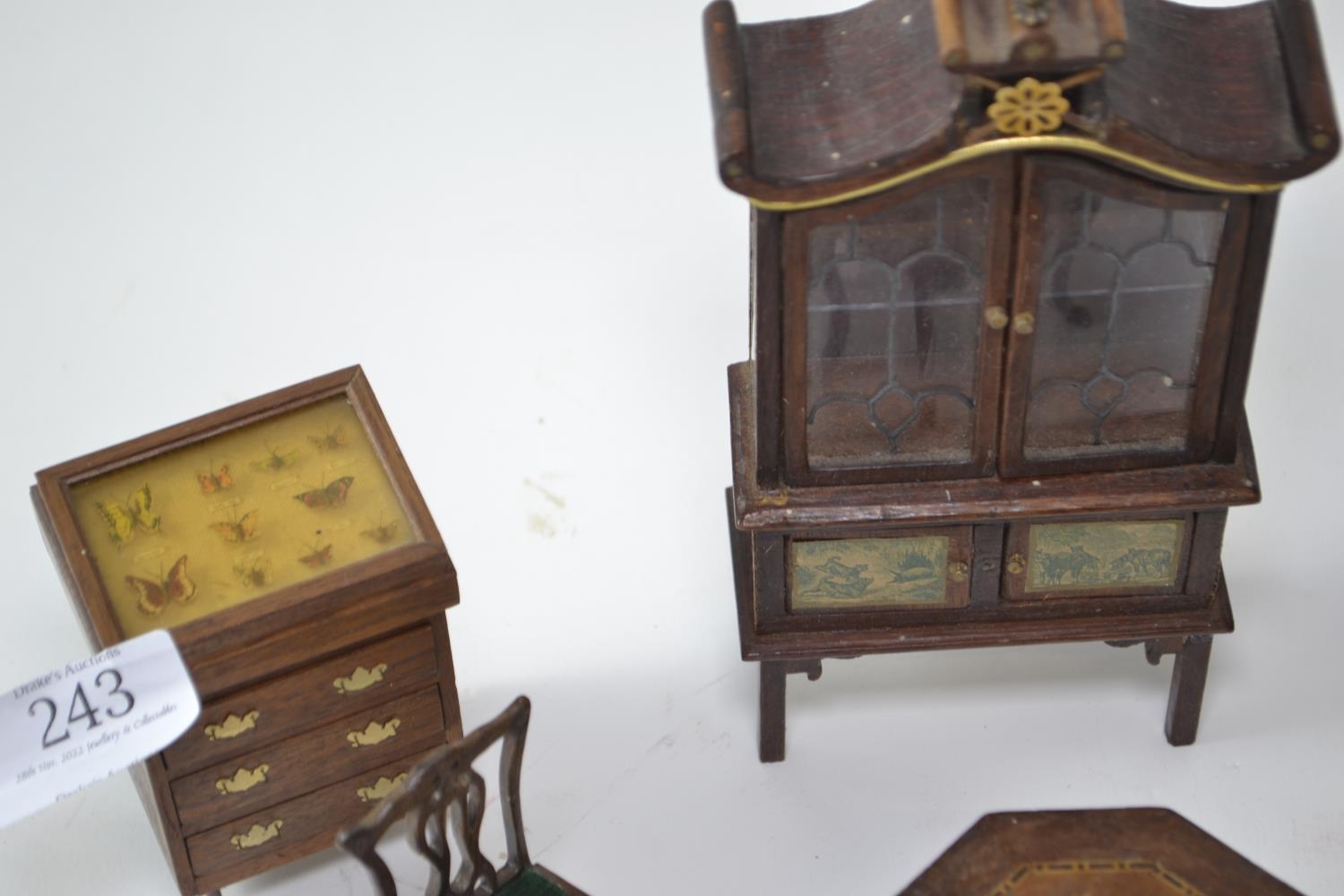 Collection of wooden dolls house furniture including a tambour knee hole desk, a grandfather's clock - Image 3 of 9