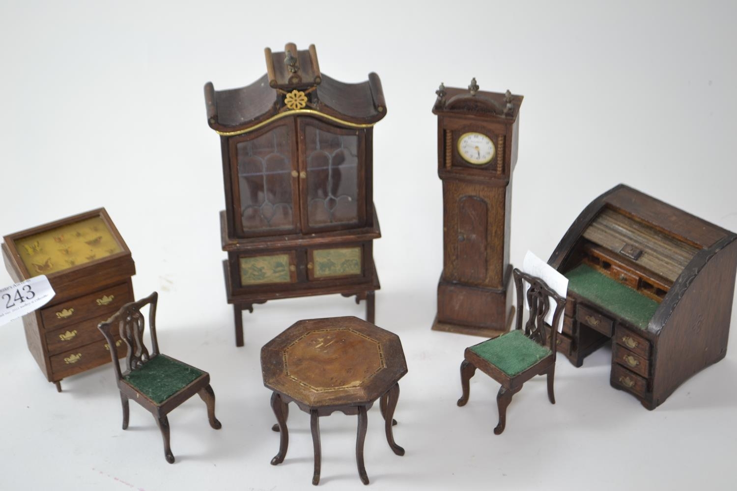 Collection of wooden dolls house furniture including a tambour knee hole desk, a grandfather's clock - Image 2 of 9