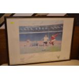 '66 World Cup Final' print by Keith Fearon. Depicting Geoff Hurst scoring his hat trick goal. Signed