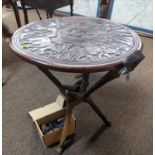 African hardwood reversable chess table on tripod legs with matching chess pieces (supposedly owned