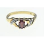 9ct gold, red stone & diamond ring, size M1/2, 1.8 grams