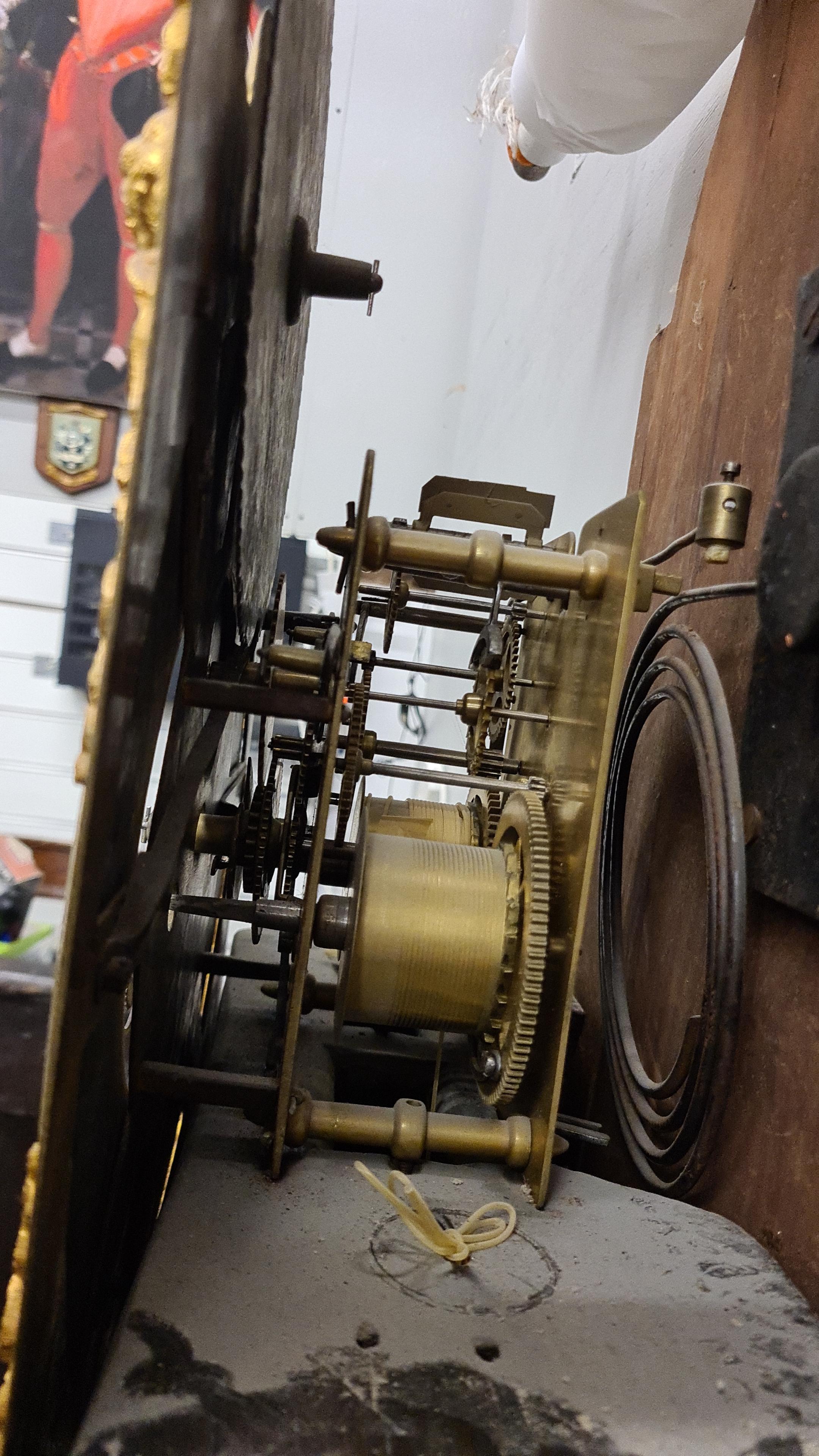 Flame mahogany cased grandfather clock with sun and moon rotating on the face, brass detail. 2 weigh - Image 5 of 7