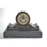 A Victorian slate mantle clock, with black Roman numerals on white enamel chapter ring surrounding B