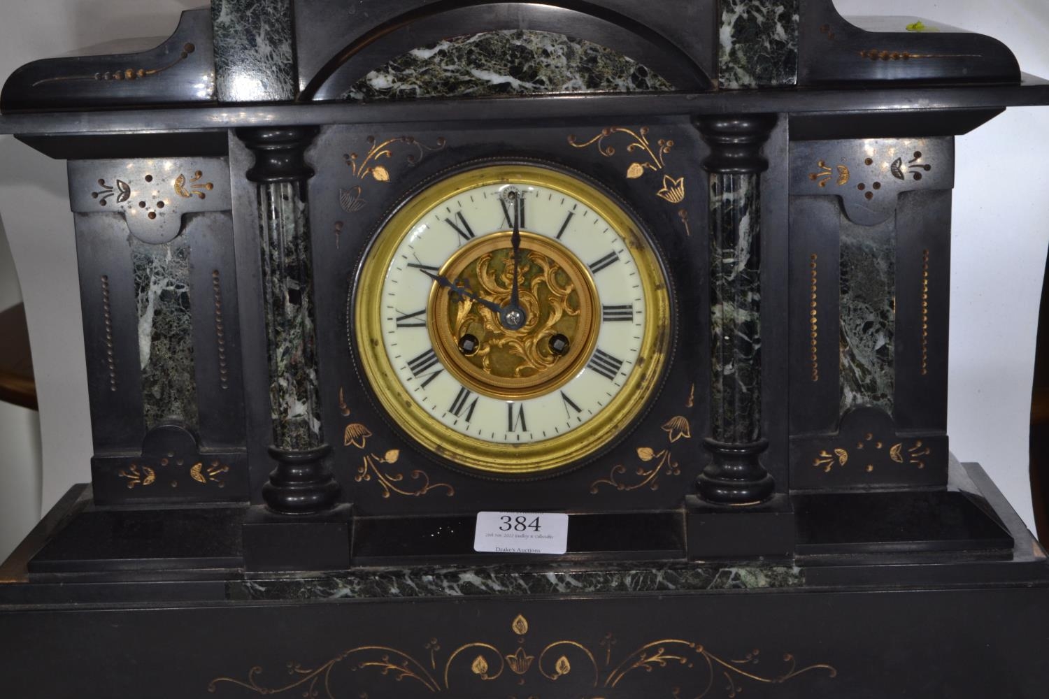 Large French slate and marble mantle clock with pendulum, 'Marque Deposee' stamped on clock movement - Image 2 of 11