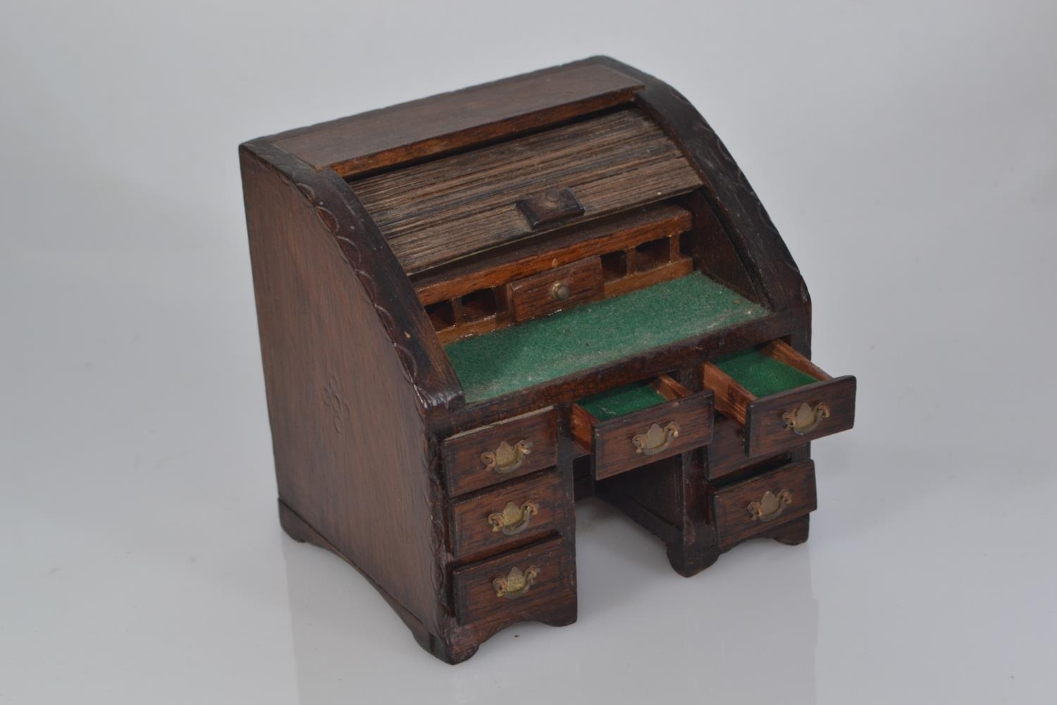 Collection of wooden dolls house furniture including a tambour knee hole desk, a grandfather's clock - Image 5 of 9