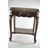 Veneered and lattice inlaid side table with lower tier, brass gallery and carved drawer, 51 x 41 x 5