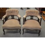 Pair of Victorian Mahogany framed button backed chairs on castors, with taupe velvet upholstery.