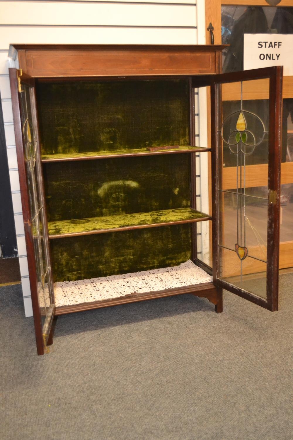 Art Nouveau stained leaded glass fronted display cabinet. (1 panel cracked) 87cm x depth 34cm x heig - Image 2 of 5