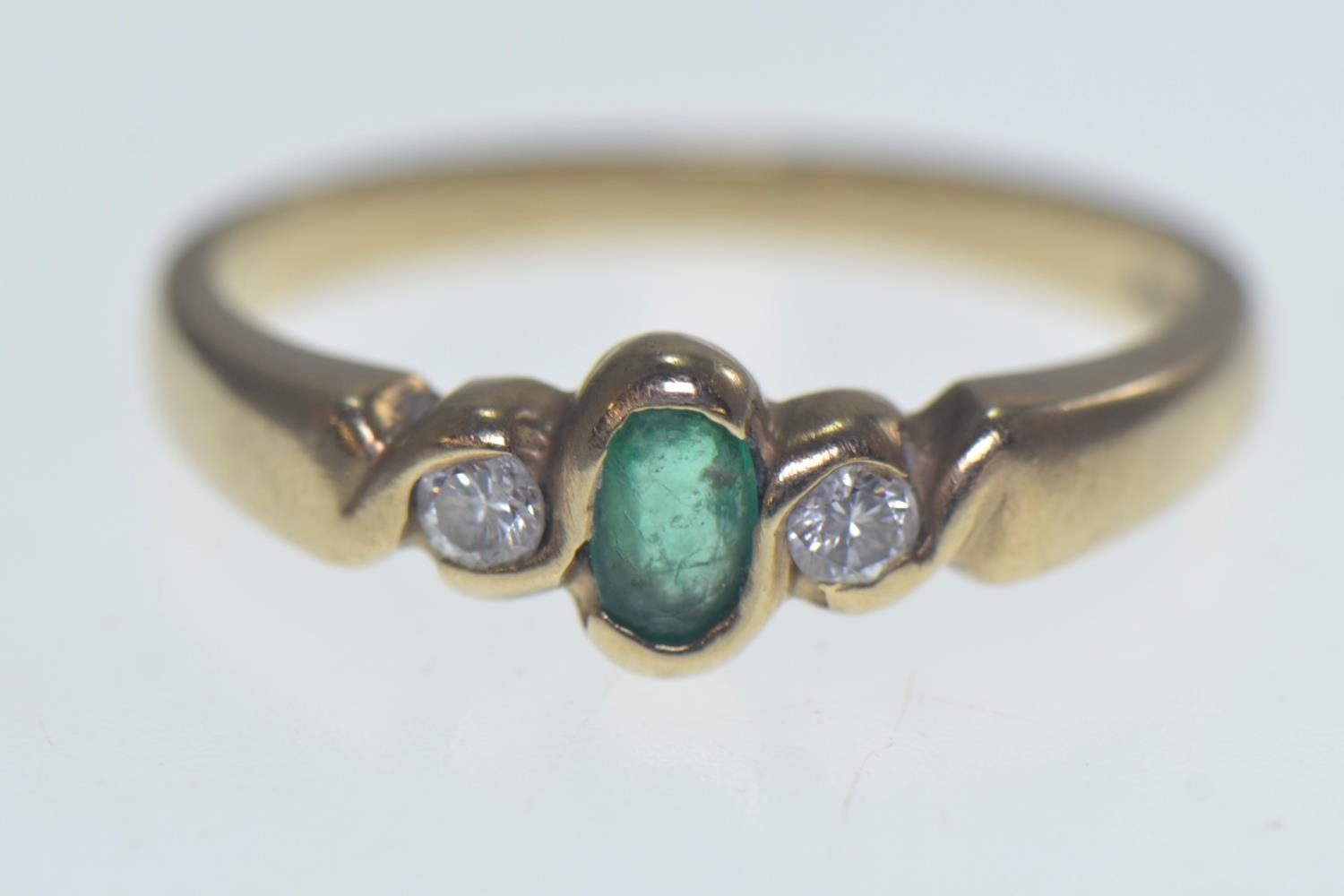 9ct gold, emerald & diamond bezel-set ring, size O, gross weight 2.77 grams 