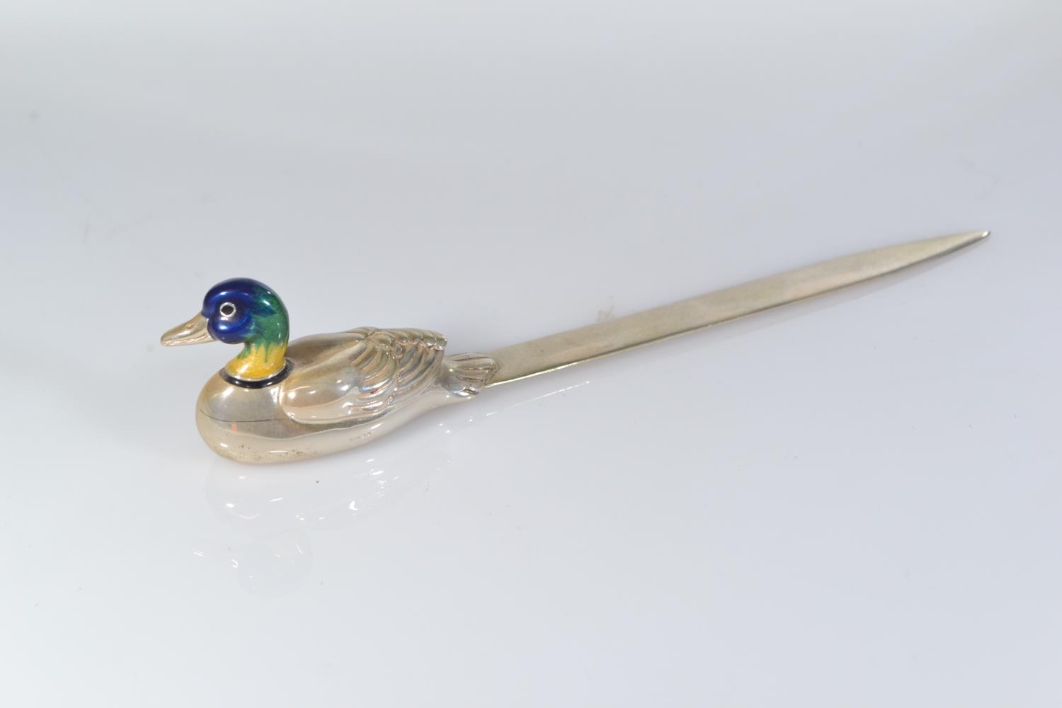 Silver letter opener with enamelled duck handle, with import hallmark for Mark Houghton Ltd, Sheffie - Image 2 of 3