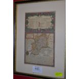 Small coloured map of Gloucestershire, after Robert Morden, 1720 inscribed verso, framed and glazed,