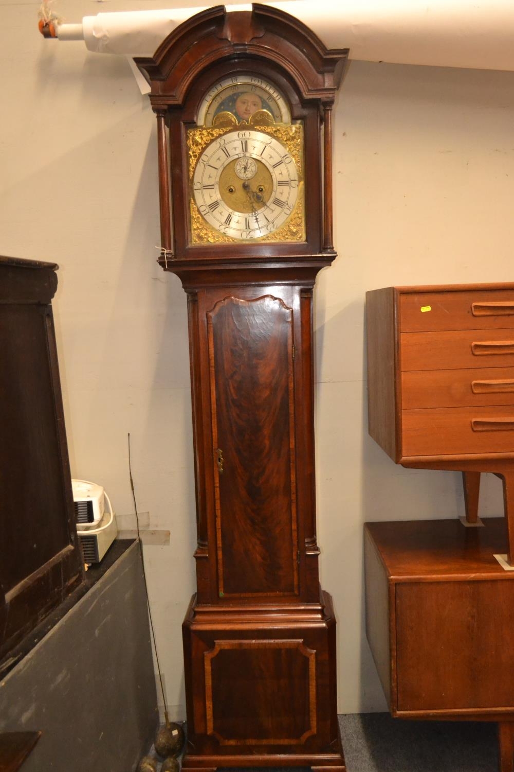 Flame mahogany cased grandfather clock with sun and moon rotating on the face, brass detail. 2 weigh - Image 4 of 7