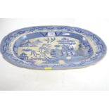 Blue and white Willow pattern tree and well meat plate, stamped reverse 'Best Goods', 48 x 40cm x H7