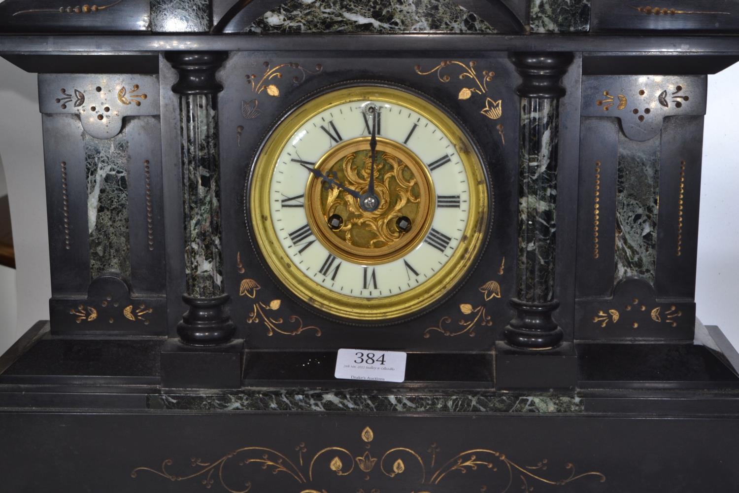 Large French slate and marble mantle clock with pendulum, 'Marque Deposee' stamped on clock movement - Image 3 of 11