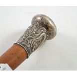 Chinese silver repoussé handled walking cane, silver maker's mark KMS for Kwong Man Shing (active 18