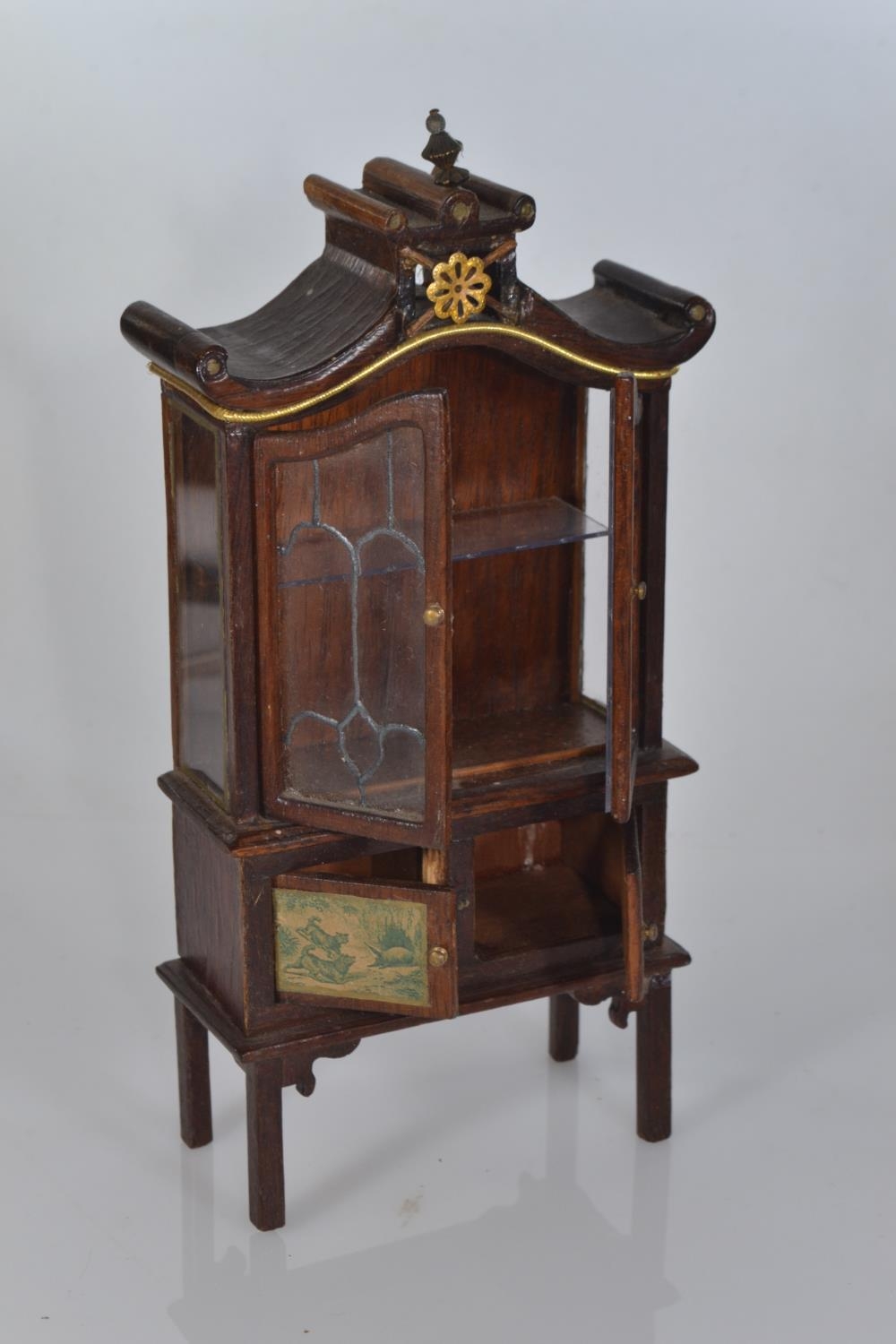 Collection of wooden dolls house furniture including a tambour knee hole desk, a grandfather's clock - Image 4 of 9