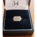 9ct gold, opal & diamond triple cluster ring, hallmarked London 1982, size I, 1.78 grams