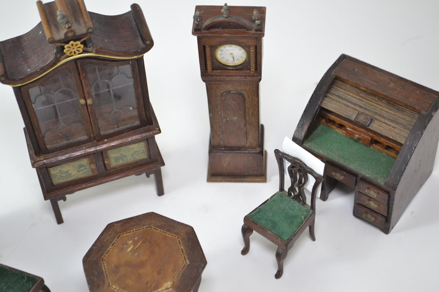 Collection of wooden dolls house furniture including a tambour knee hole desk, a grandfather's clock - Image 6 of 9