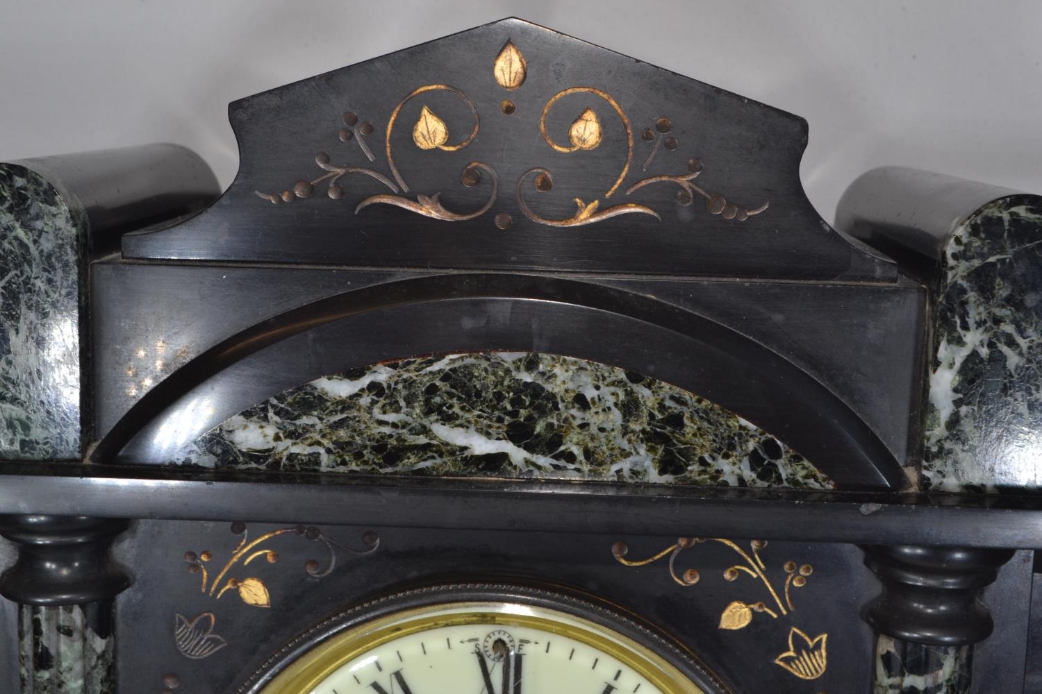 Large French slate and marble mantle clock with pendulum, 'Marque Deposee' stamped on clock movement - Image 6 of 11