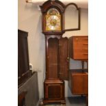 Flame mahogany cased grandfather clock with sun and moon rotating on the face, brass detail. 2 weigh