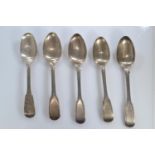 Set of five matched silver teaspoons, various makers & dates, gross weight 128 grams
