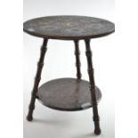 Regency oriental inspired carved two-tier side table with faux bamboo legs, dia 44 x H49cm