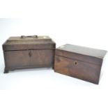 Mahogany tea caddy with inlaid detail, triple section metal cannisters and brass handle, 24cm width,