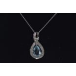 9ct white gold, aquamarine & diamond pendant & 9ct white gold chain, pendant length 17mm, chain circ