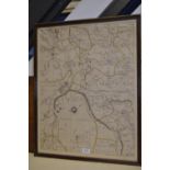 Framed map of Devon, from Tavistock to Winkleigh, 'Donne Jeffreys 1965' written in pencil below the