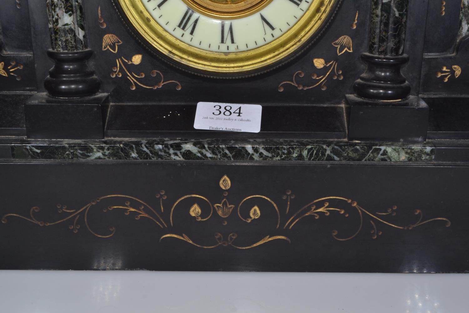 Large French slate and marble mantle clock with pendulum, 'Marque Deposee' stamped on clock movement - Image 5 of 11