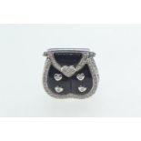 18ct white gold, diamond & enamel bag-shaped pendant, length including bale 42mm, 13.54 grams