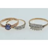 Three 9ct gold & stone set rings, comprising: one set with a blue stone, size N1/2; another set with