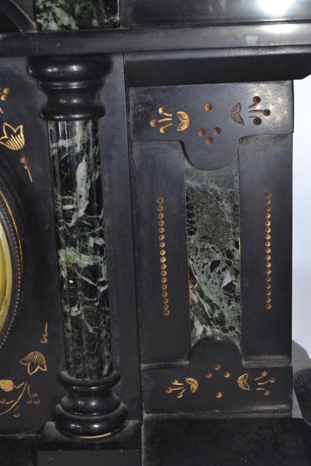 Large French slate and marble mantle clock with pendulum, 'Marque Deposee' stamped on clock movement - Image 8 of 11