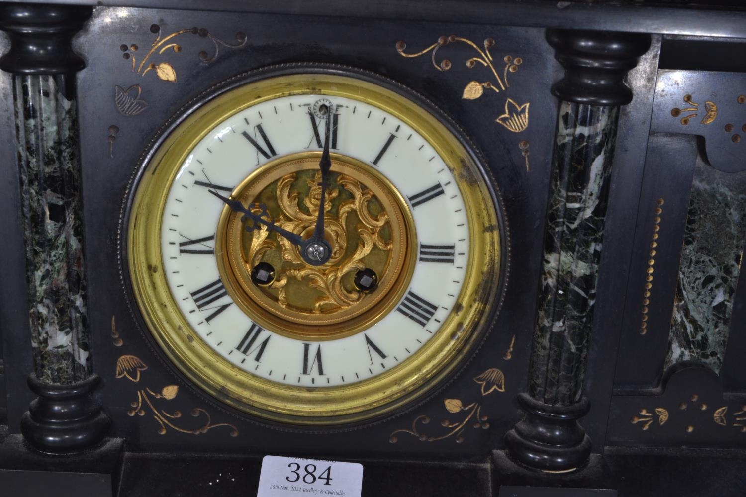 Large French slate and marble mantle clock with pendulum, 'Marque Deposee' stamped on clock movement - Image 7 of 11