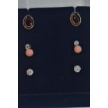 Three pairs of 9ct gold & gem set ear studs, gross weight 2 grams