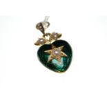 Yellow metal, green enamel, seed pearl & diamond heart-shaped photo pendant, tests positive for 14ct