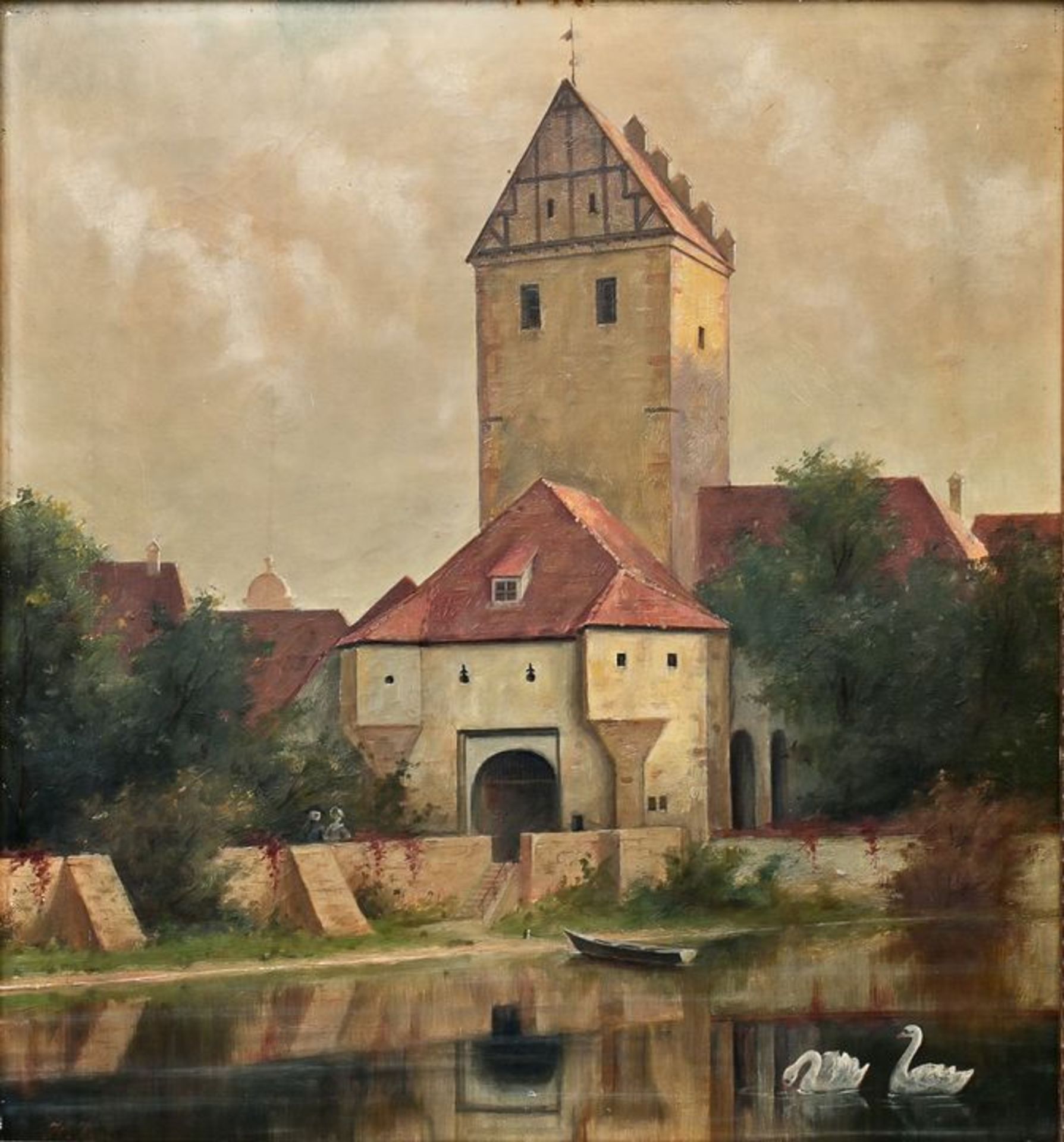 Vogel, Prof. H., "Schwanenidyll vor Dinkelsbühl" / landscape painting