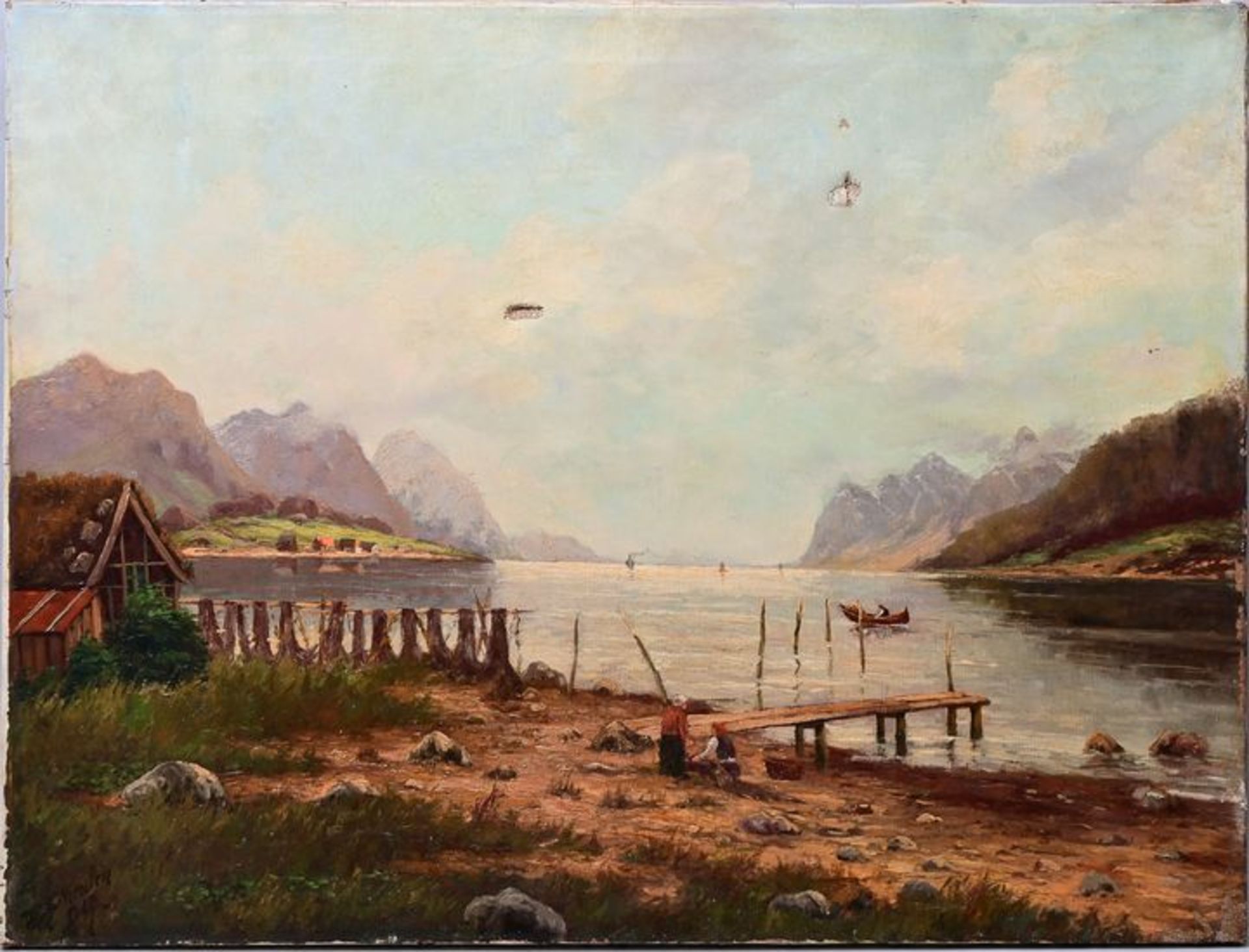 Scheulen, Wilhelm, Fischer am Ufer eines Bergsees / landscape