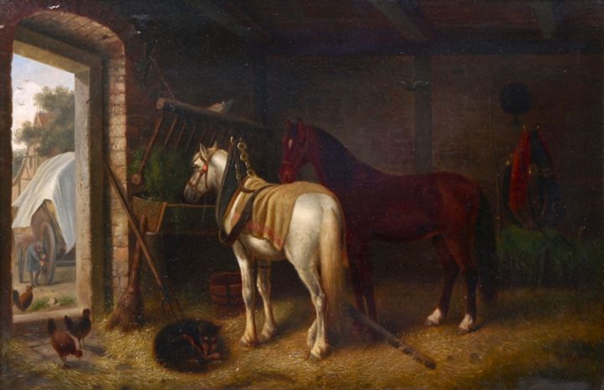 Hahn, Karl Wilhelm, Zwei Pferde im Stall / stable interiour with two horses, painting