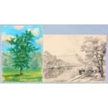 Ebermann, Fritz, Pastell Baum + Kohlezeichnung Flusslandschaft / charcoal drawing