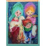 Unbekannt, ca. 1970, Fettkreidezeichnung / Grease crayon, Mother with children