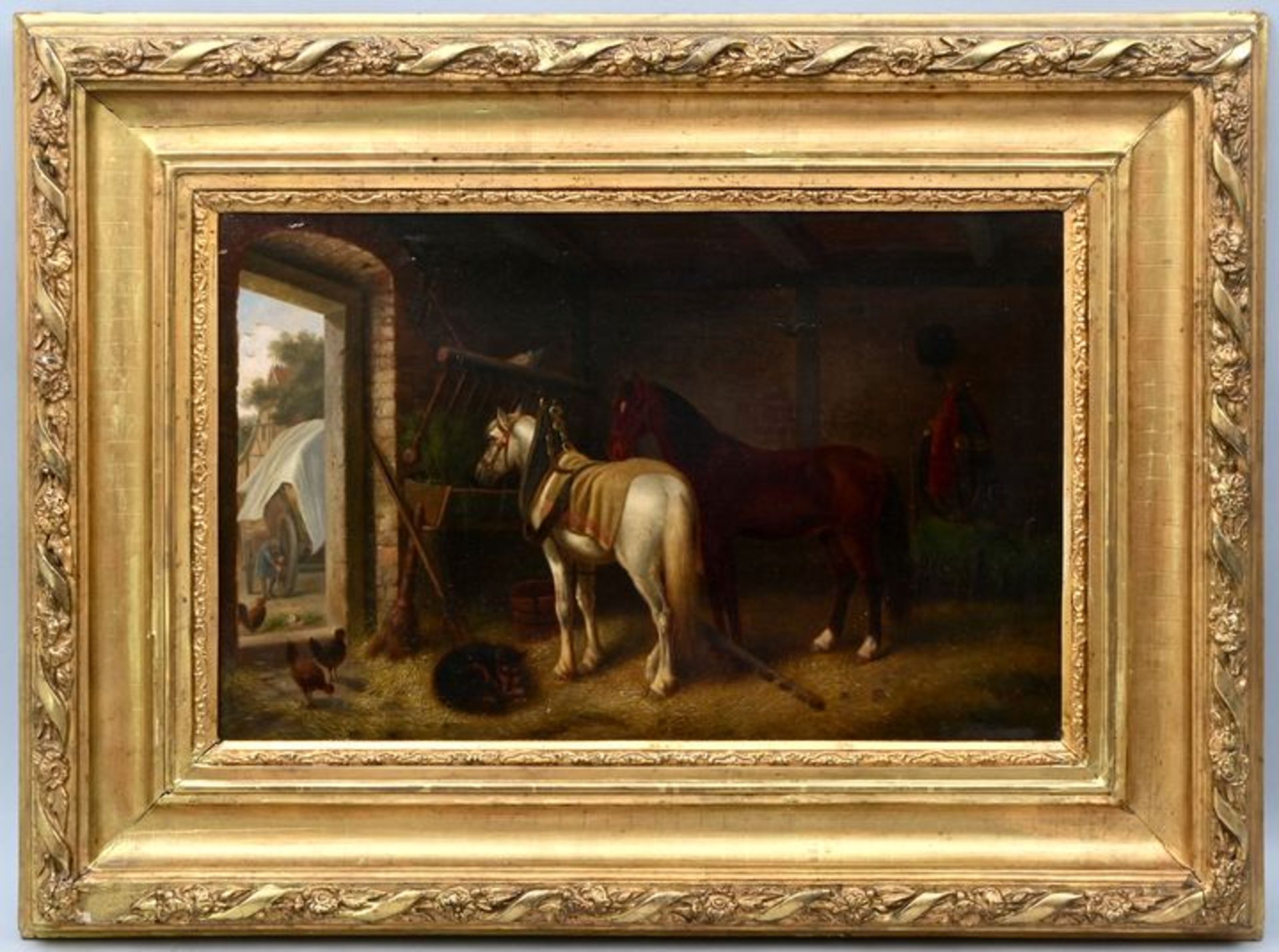 Hahn, Karl Wilhelm, Zwei Pferde im Stall / stable interiour with two horses, painting - Bild 4 aus 5