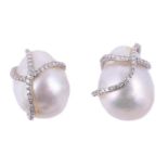 A PAIR OF CULTURED PEARL AND DIAMOND EARRINGS