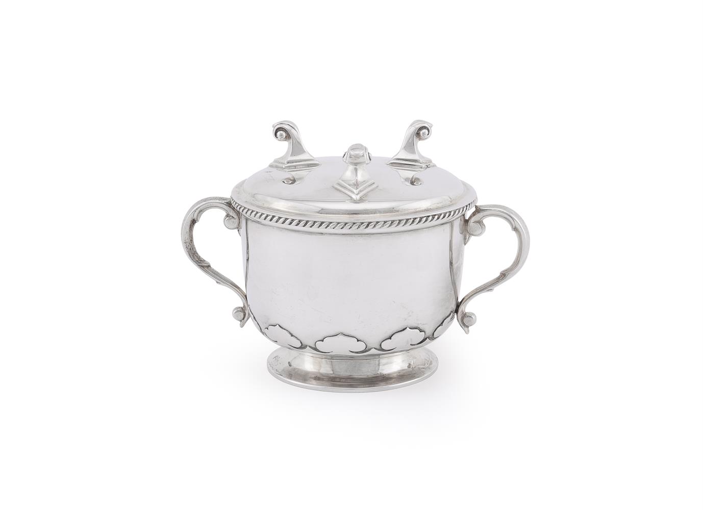 A SILVER TWIN HANDLED CUP AND COVER/STAND IN CHARLES II STYLE, WILLIAM HUTTON & SONS LTD - Image 2 of 2