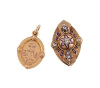 A VICTORIAN DIAMOND AND ENAMEL BROOCH AND A GOLD PENDANT